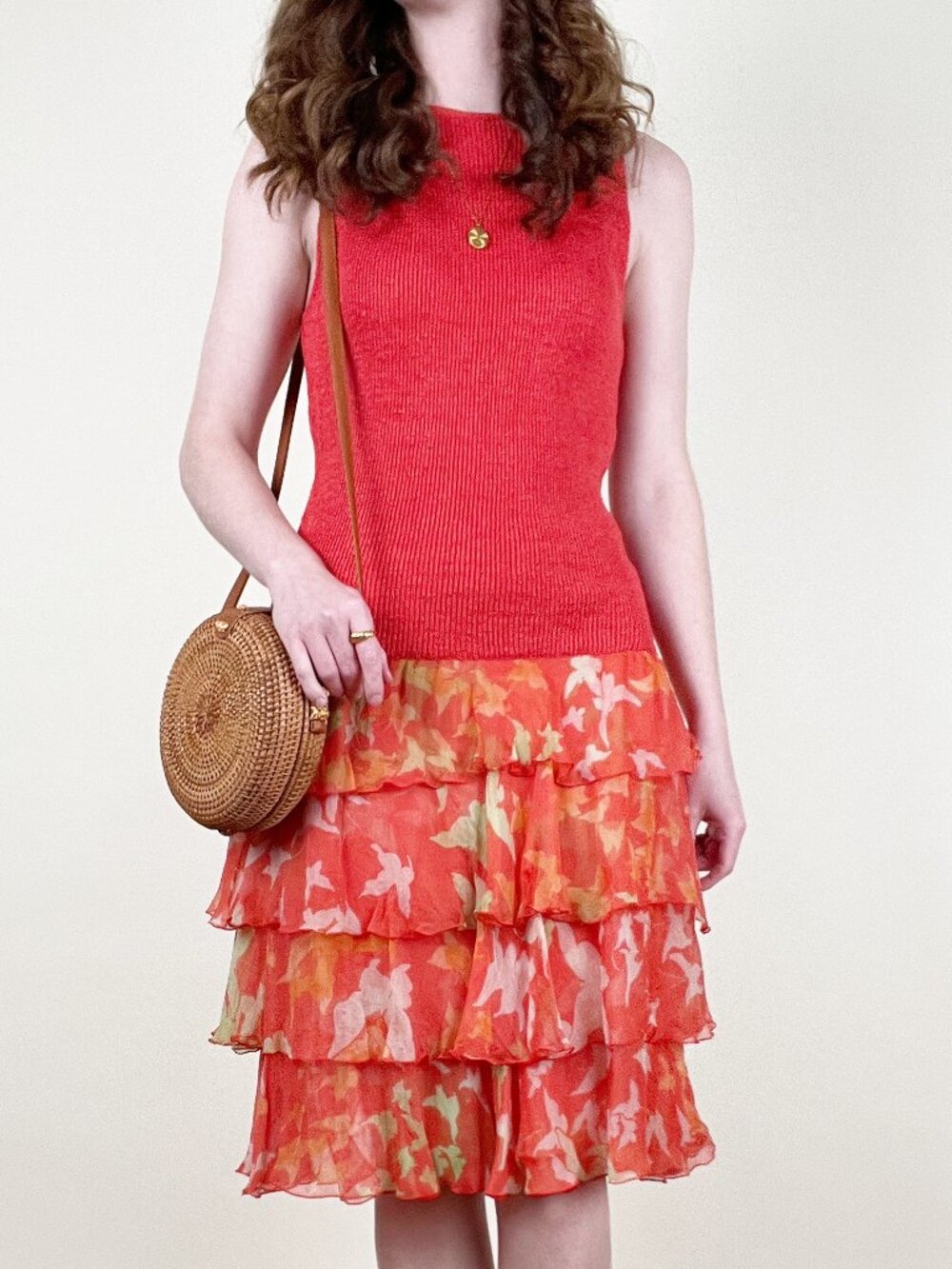 Vintage 70s Drop Waist Knit Ruffle Midi Sun Dress Floral Summer Sundress 1970's